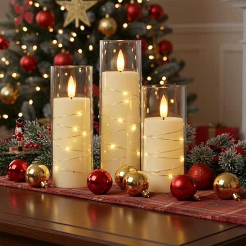 Raycare Flameless Candle with Remote Timer – 9 Flickering Acrylic Battery Operated LED Pillar Candles with Embedded Star S...