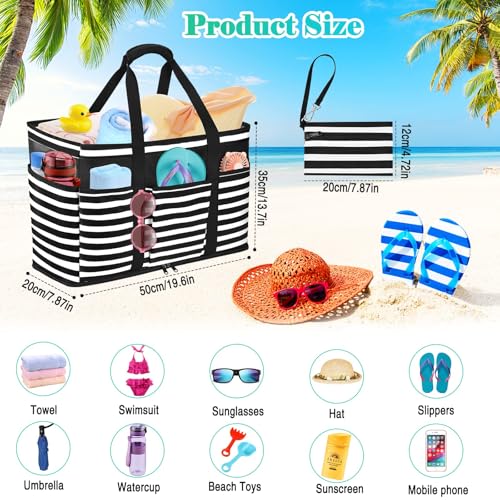 TEUEN Large Beach Bag with Zipper, 12 Pockets Waterproof Sandproof Pool Bag Womens Mesh Beach Tote Bag for Travel Vacation