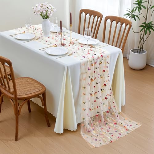 JIALE Champagne Floral Table Runner, Embroidery Daisy Seasonal Table Decorations, 120Inch 10FT 1PC Gold Tulle Fabric for H...