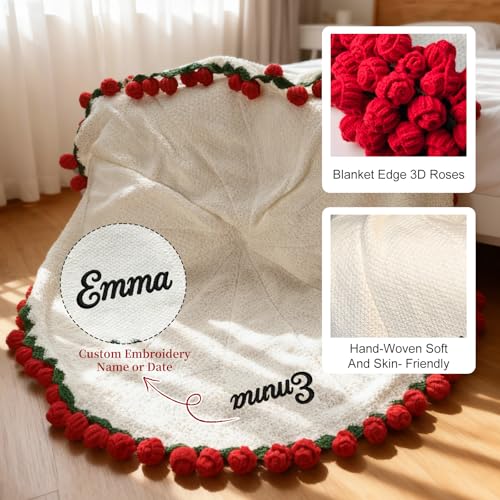 Neywoll Personalized Name Embroidery Crochet Flower Bouquet Throw Blanket Custom Rose Blanket Romantic Gift for Her Girlfr...
