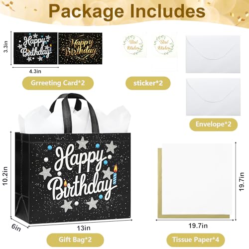 STYPOP 2 Pack 13" Large Birthday Gift Bags with Tissue Paper & Cards, Reusable Non-Woven Happy Birthday Bags with Handles,...