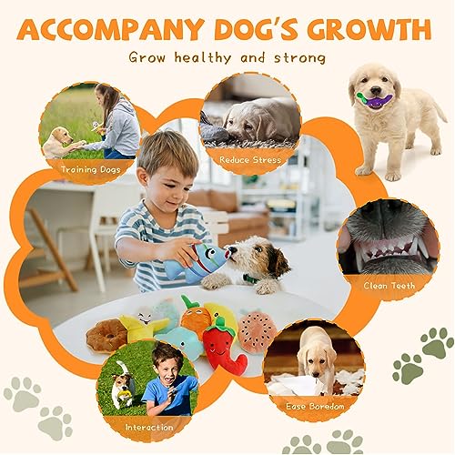 QTwoof Cheerful 20-Pack Squeaky Dog Toys Set - Included 4 Dog Bags, Plush Puppy Toys with Irresistibly Cute Characters for...