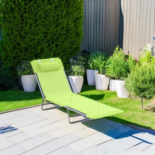Outsunny Folding Chaise Lounge Pool Chairs, Outdoor Sun Tanning Chairs with Pillow, Reclining Back, Steel Frame & Breathab...