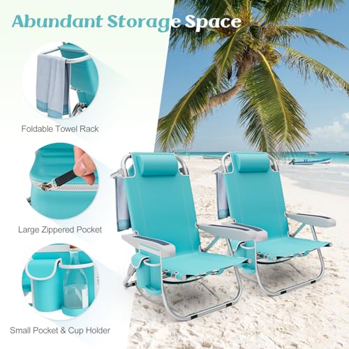 Tangkula Set of 2 Backpack Beach Chair, 5-Position Lightweight Folding Lay Flat Beach Chairs with Storage Bag, 2 Cup Holde...
