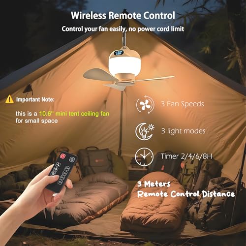 Negxi Camping Fan with Light & Remote, Portable Ceiling Fan for Tents, Canopy, Beach, RV, Car, Camper & Outdoor, Wireless ...