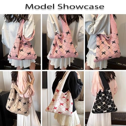 Busnos Beach Bags for Women Coquette Bow Bag Purse Cute Crochet Beach Tote Bag Boho Knit Shoulder Purses Travel Vacation