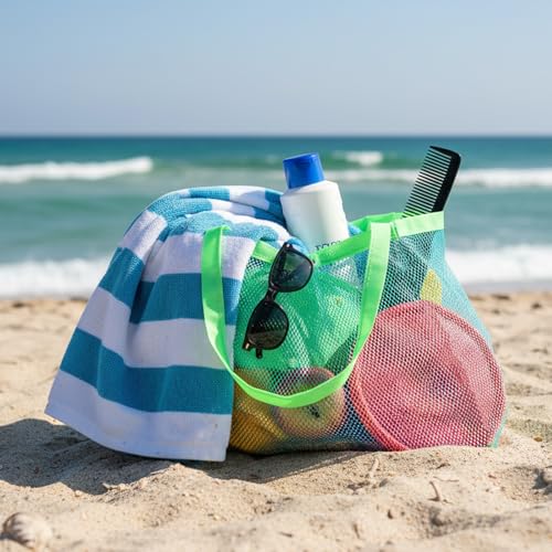 Yuomeaz Mesh Beach Bag, Mesh Beach Toy Bags, Green Foldable Sandproof Tote Bags for Pool, Travel, Summer Party (15×9×14 in)