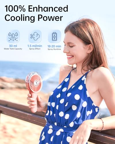 SWEETFULL Portable Misting Fan - 180° Foldable Handheld Personal Fan with Mist Spray, 3 Speeds, 30ml Water Tank, USB Recha...