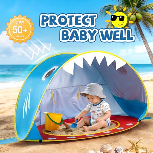 Elfzone Baby Beach Tent - Shark Pop Up Beach Tent Sun Shade for Beach, Portable Shade Pool UV Protection Sun Shelter for O...