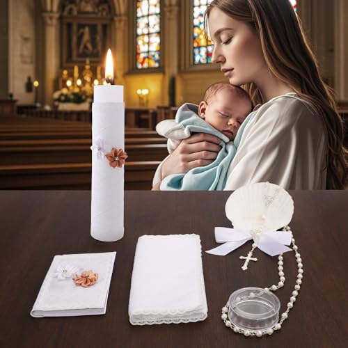 5 PCS Baptism Candle Set for Boys and Girls,Baptism Kit Catholic Candle,Towel,Shell,Rosary andBible for Baptismal Christen...