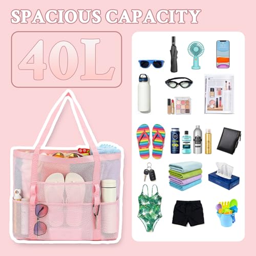 GYEUKHAM Mesh Beach Bag - Large Beach Tote Bag with Multiple Pockets for Family Beach Bag for Toys & Vacation Essentials