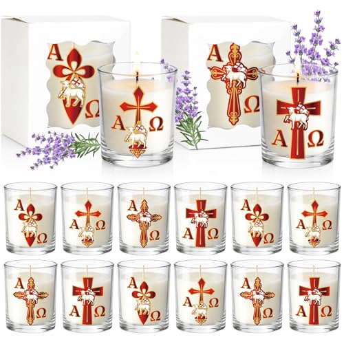 Cinrobiye 12 Pcs Christian Religious Scented Candle Gift Set, Paschal Catholic Candle with Alpha Omega Cross and Lamb Desi...