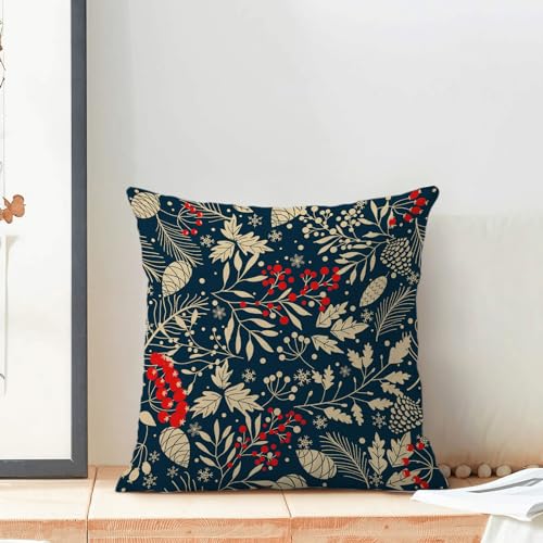 Christmas Pillow Covers 20x20 Inch 2 Pcs, Navy Blue Red Floral Decorative Throw Pillows for Couch, Xmas Winter Flower Outd...