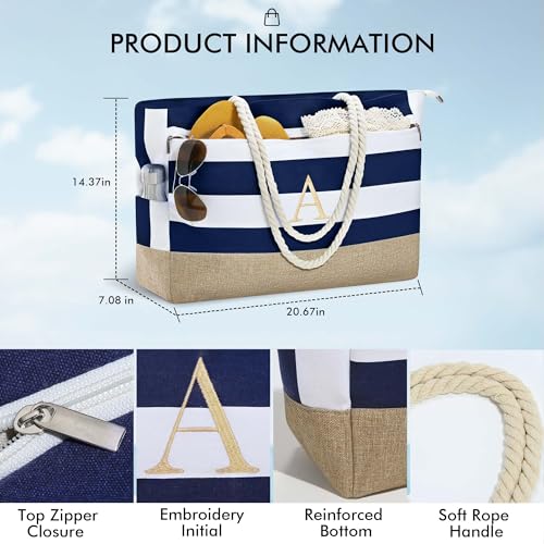 YOOLIFE Large Initial Beach Bag Waterproof Tote Zipper Bag Personalized Gifts for Women Her Birthday Travel Beach Essential
