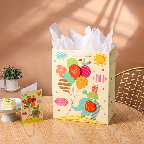 SUNCOLOR 13" Large Baby Gift Bag with Handles with Tissue Paper & Greeting Card – for Newborns, Baby Boys or Girls