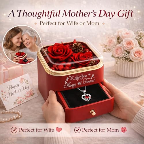 minstely Preserved Rose Gift Box with Necklace for Women, Forever Real Rose Jewelry Box for Mom Wife Girlfriend, Red Flowe...