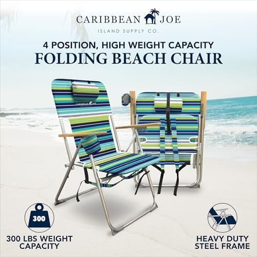CARIBBEAN JOE Folding Beach Chair, 4 Position Portable Backpack Foldable Camping Chair with Headrest, Cup Holder, and Wood...
