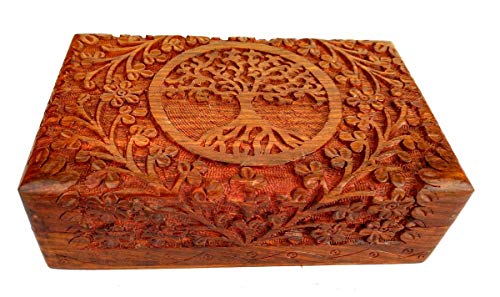 Ajuny Handcarved Wooden Decorative Treasure Chest Box 8 x 5 Inch Brown Tree Of Life Pattern - Multipurpose Use As Jewelry ...
