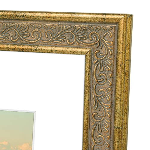 Golden State Art, 11X14 Ornate Finish Photo Frame with White Mat for 8x10 Picture & Real Glass. Color: Distressed Gold