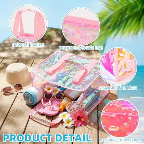 Hsei 6 Pcs Clear Iridescent Beach Bag with Phone Pouch for Women Beach Travel Large Waterproof Tote Bags for Vacation Picnic