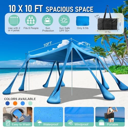 Ahititi Beach Tent Sun Shelter Beach Canopy Tent Sun Shade Pop Up 10x10 UPF50+ with 8 Sandbags-2 Sand Shovel-Portable 4 Al...