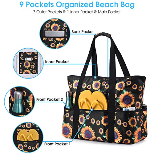 Becokan Beach Bags for Women Large Beach Tote Bag with Zipper Pockets Beach Bag Waterproof Sandproof Travel Nurse Tote Bag