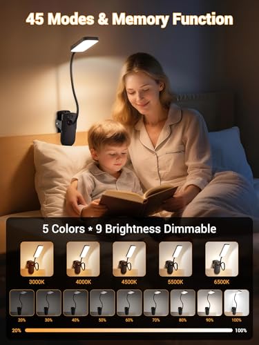 ReinHoo Clip on Light,9 Brightness+5 Color Rechargeable Desk Lamp,4000mAh Battery Operated Lights,450 Lumen 48 LED Desk La...