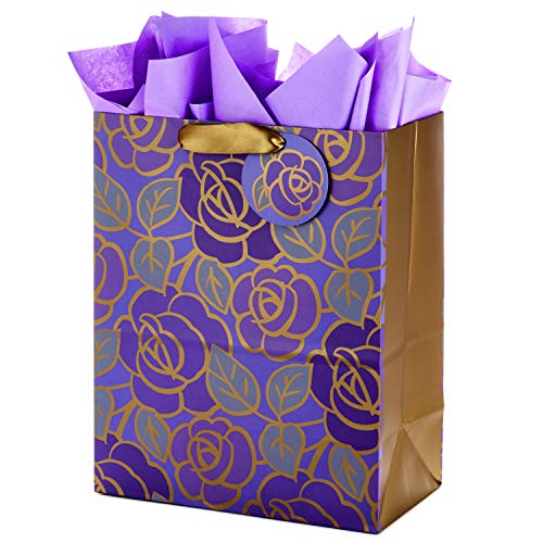 Hallmark 13" Large Gift Bag with Tissue Paper (Purple Flowers, Gold Accents) for Birthdays, Mother's Day, Bridal Showers, ...