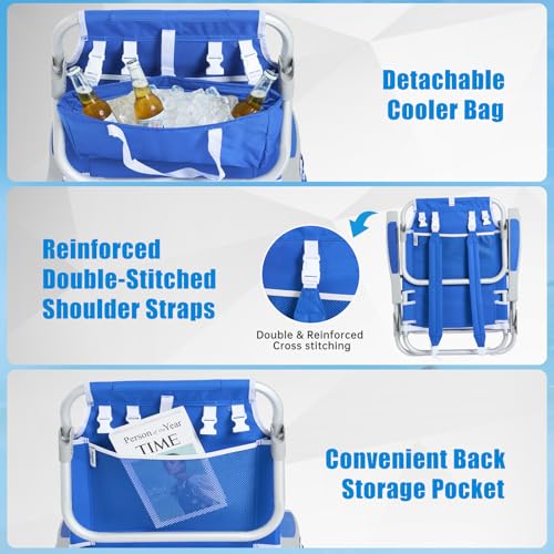 SUNNYFEEL Low Beach Chair 5 Position Lay Flat, Portable Folding Backpack Beach Chairs Heavy Duty with Cooler Bag, Cup Hold...