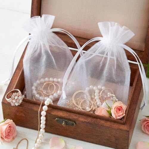Joycraft 50pcs Organza Bags - 4x6 Inch White Wedding Favor & Jewelry Pouches with Drawstring Mesh Bags for Festival, Makeu...