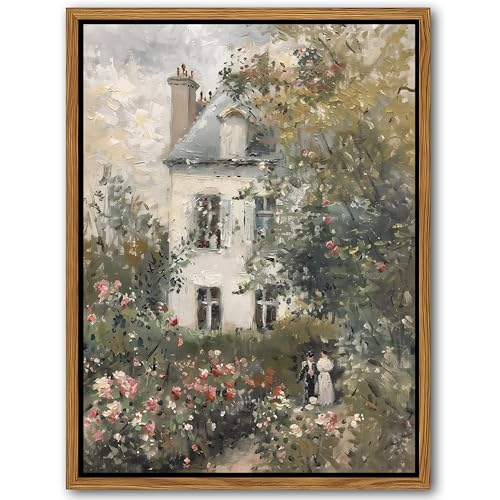 Floating Framed Canvas Vintage Wall Art, Neutral English Cottage Rose Garden Oil Paintings Print, Spring Pictures Wall Dec...