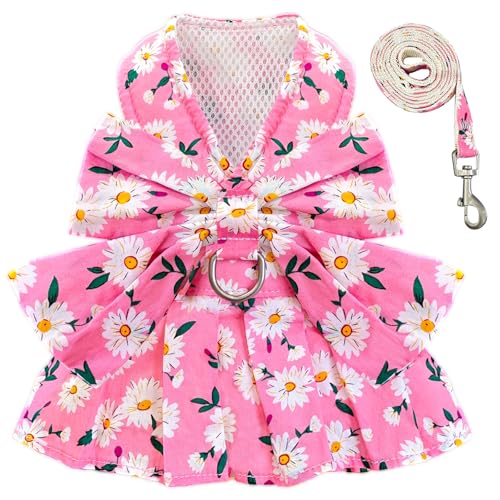 BAEJMJK Dog Dress Bowknot Harness Leash Set for Small Dogs Cats Daisy Floral Girl Dog Dresses Cute Puppy Princess Clothes ...