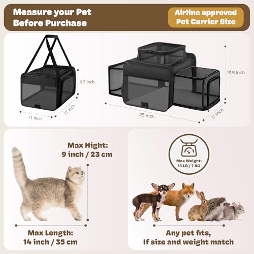 Top and 2 Sides Expandable Pet Carrier 17x11x9.5, TSA Airline Approved Small Dog Carriers for Small Dogs, Soft-Sided Cat C...