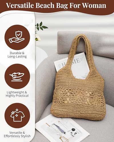 Loiyadn Beach Bag, Straw Beach Bags for Women, Floral Designed Beach Tote Lightweight Foldable Straw Bag