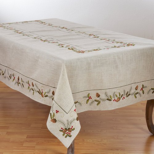 SARO LIFESTYLE 1851.N67104B Joyeuses Fêtes Collection Holiday Tablecloth With Embroidered Pinecone And Holly Design 67" x ...