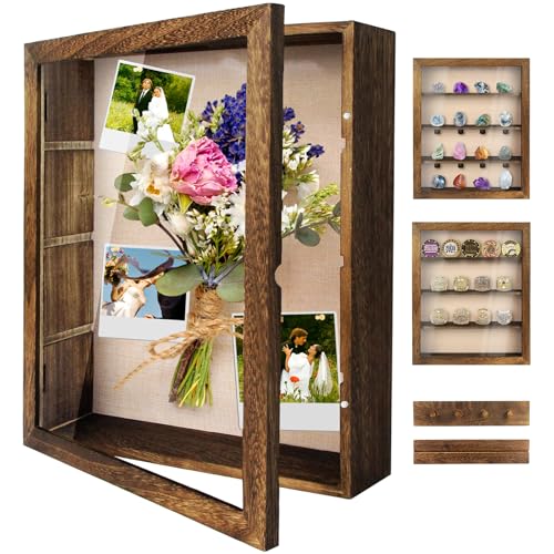 YEPOTUE Shadow Box Frame 11x14, Deep Shadow Box Display Case with Linen Back and Removable Shelves, Wooden Memory Box for ...