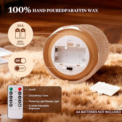 Velsyn Dotted Glass Flameless Candles with Remote Timer, Real Wax Battery Operated LED Pillar Candles with 3D Flickering F...