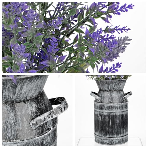 Artificial Lavender Flowers with Rustic Metal Vase 17 Inch Faux Lavender Plant Arrangement in Galvanized Planter Vintage F...