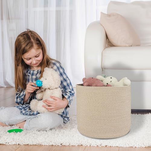 XUANGUO Cotton Rope Basket For Girls Boys Kids 16”X14” Baby Laundry Basket Nursery Bin Round Woven Baskets Organizer For S...