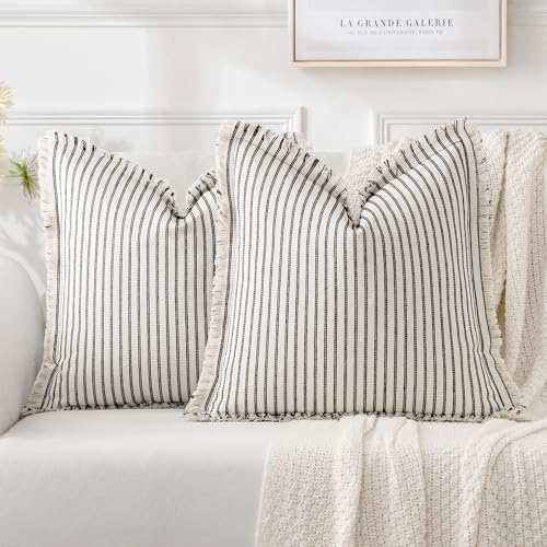 MIULEE Pack of 2 Black Pillow Covers 20x20 Inch Striped Farmhouse Couch Throw Pillow Covers with Fringe Chic Linen Decorat...