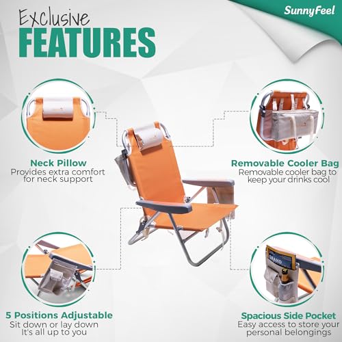 SUNNYFEEL Low Beach Chair, 5-Position Lay Flat Reclining, Backpack Portable Folding Chair with Cooler Bag & Cup Holder, He...