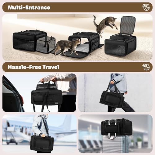 Top and 2 Sides Expandable Cat Carrier 18x13.5x9.5, TSA Airline Approved Dog Carriers for Small Dogs, Soft-Sided Pet Carri...