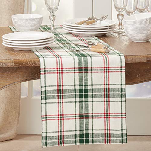 SARO LIFESTYLE Mamie Collection Plaid Design Table Runner, 14" x 72", White/Green
