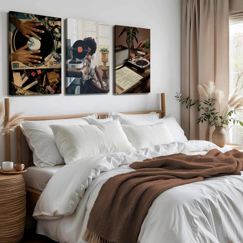 YFvrPt Black Girl Wall Art Decor Modern Black Woman Painting Prints, Set of 3 African American Music Record Player Poster ...