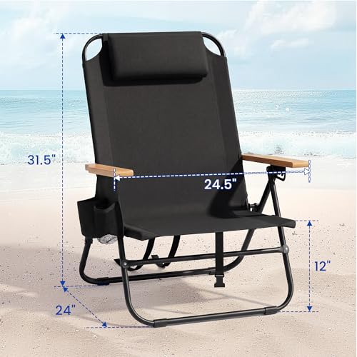 Cansky Portable Beach Chair for Adults, Outdoor Lightweight Camping Chair with Wooden Desgin Armrests, 5-Position Reclinin...