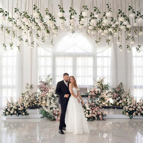Lyrow 60 Pack Artificial Flower Hanging Flowers Ornament Floating Garland Ceiling Rose Strings for Wedding Anniversary Eng...