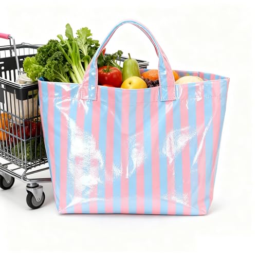 Hibilog Women’s Waterproof PVC Tote Bag for Women, Large Stripe Plastic Top Handle Oversize Hobo Bag for Travel Work Shopper