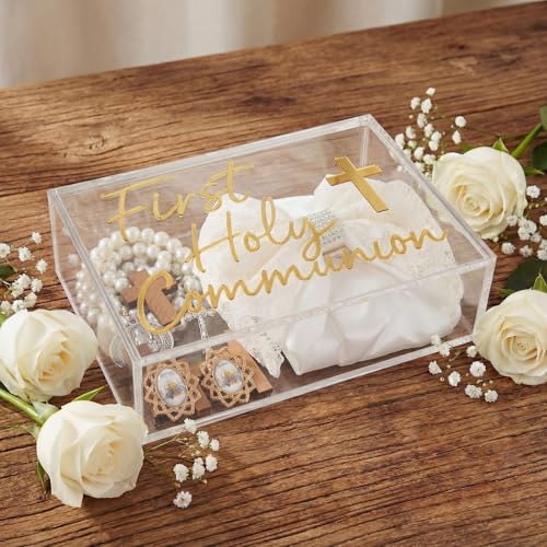 Fiwochic First Communion Keepsake Box Acrylic Baptism Memory Gift Box for Boy Girl Catholic Religious First Holy Communion...