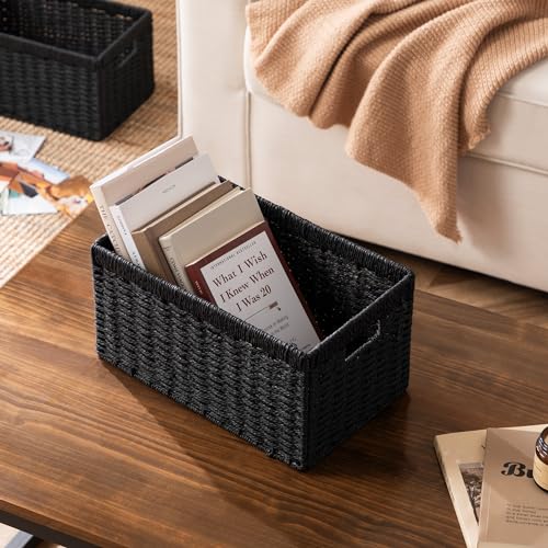 UBBCARE 2 Pack Wicker Basket, 13.4L×8.3H×7.1W inch Woven Paper Rope Storage Baskets for shelves, Foldable Rectangular Stor...
