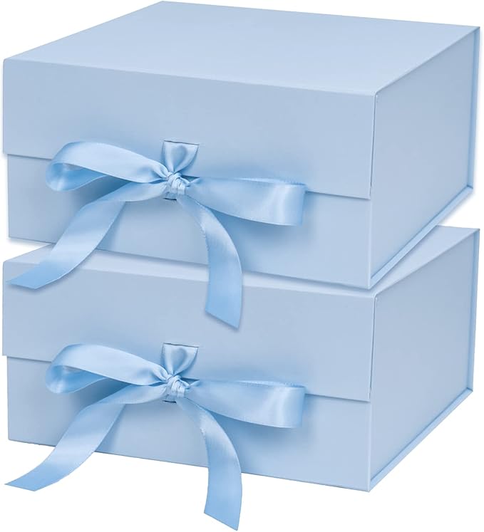 WRAPAHOLIC 2Pcs Blue Gift Box with Satin Ribbon, 8x8x4 Inches Collapsible Gift Box with Magnetic Closure for Party, Weddin...